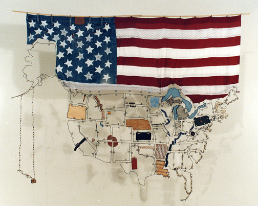 Wire sculpture map of the USA with found objects and fabric