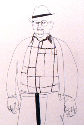 Figurative wire sculpture of standing man in work shirt