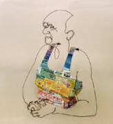 Figurative wire sculpture of sitting man with coupon shirt